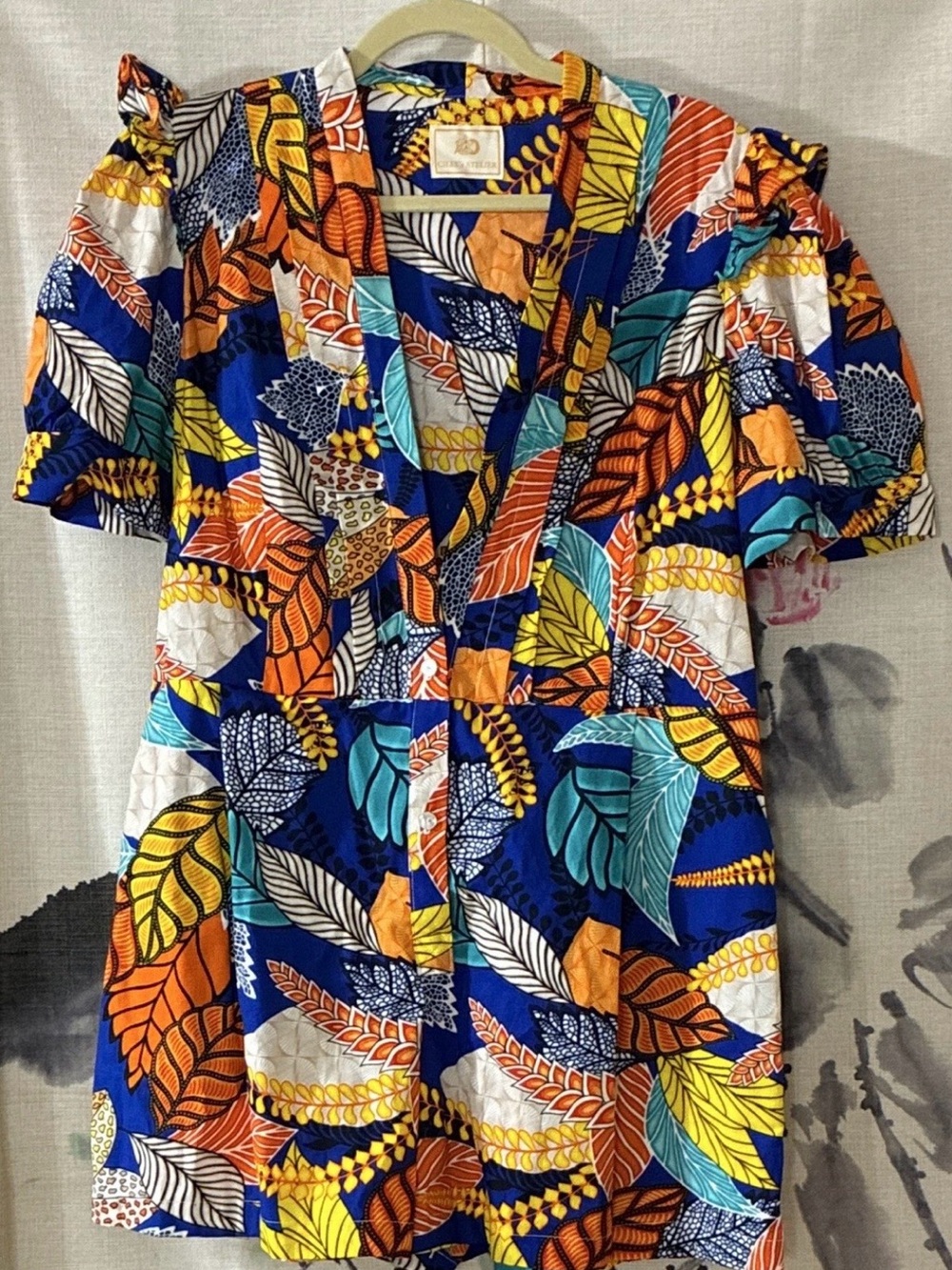 Vibrant Leaf-Print Short Sleeve Jumpsuit in Blue & Orange